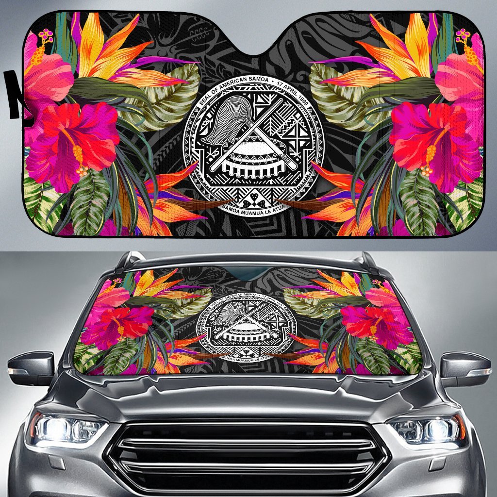 American Samoa Auto Sun Shades - Hibiscus Pattern Auto Sun Shade Universal Fit Black - Polynesian Pride