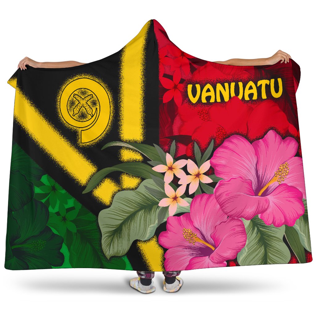 Vanuatu Hooded Blanket - Vanuatu Flag with Hibiscus Hooded Blanket Red - Polynesian Pride