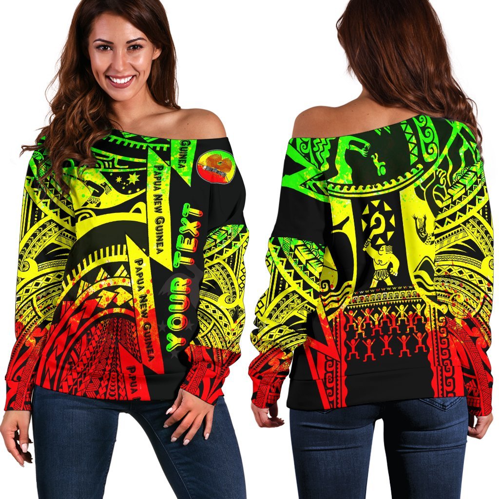 (Custom Personalised) Polynesian Guinea Women's Off Shoulder Sweaters - Moana Maui Tattoo With Coat Of Arm Guinea Reggae Art - Polynesian Pride