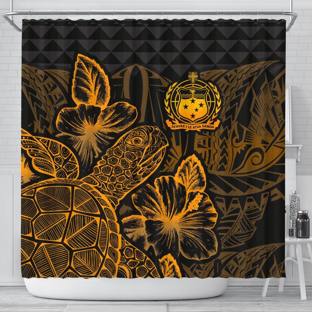 Samoa Shower Curtain Turtle Hibiscus Gold 177 x 172 (cm) Gold - Polynesian Pride