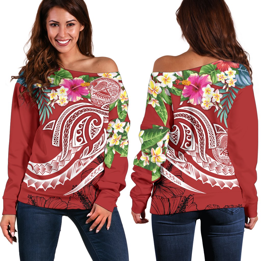 Polynesian American Samoa Women's Off Shoulder Sweater - Summer Plumeria (Red) Red - Polynesian Pride