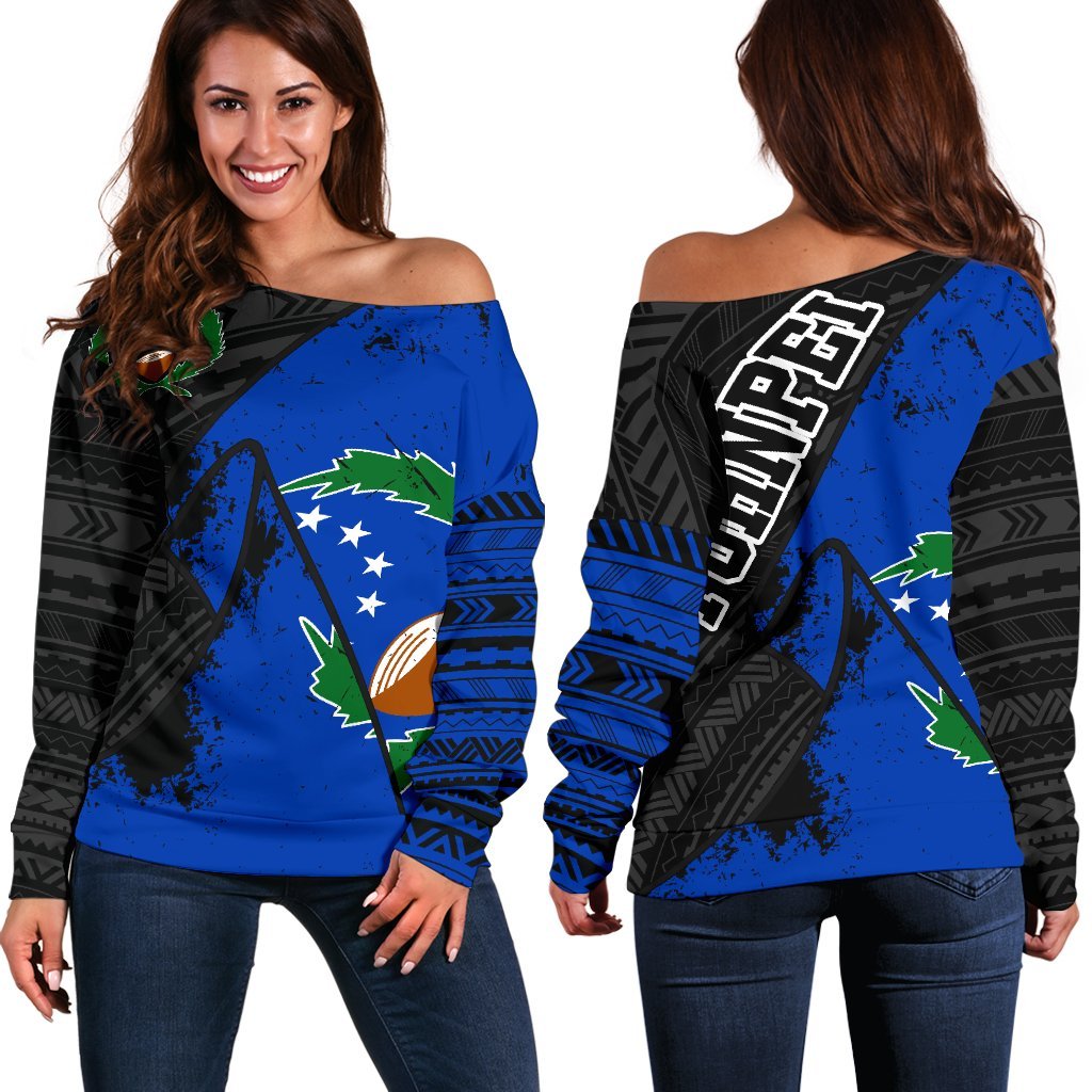 Pohnpei Women's Off Shoulder Sweater A7 Blue - Polynesian Pride