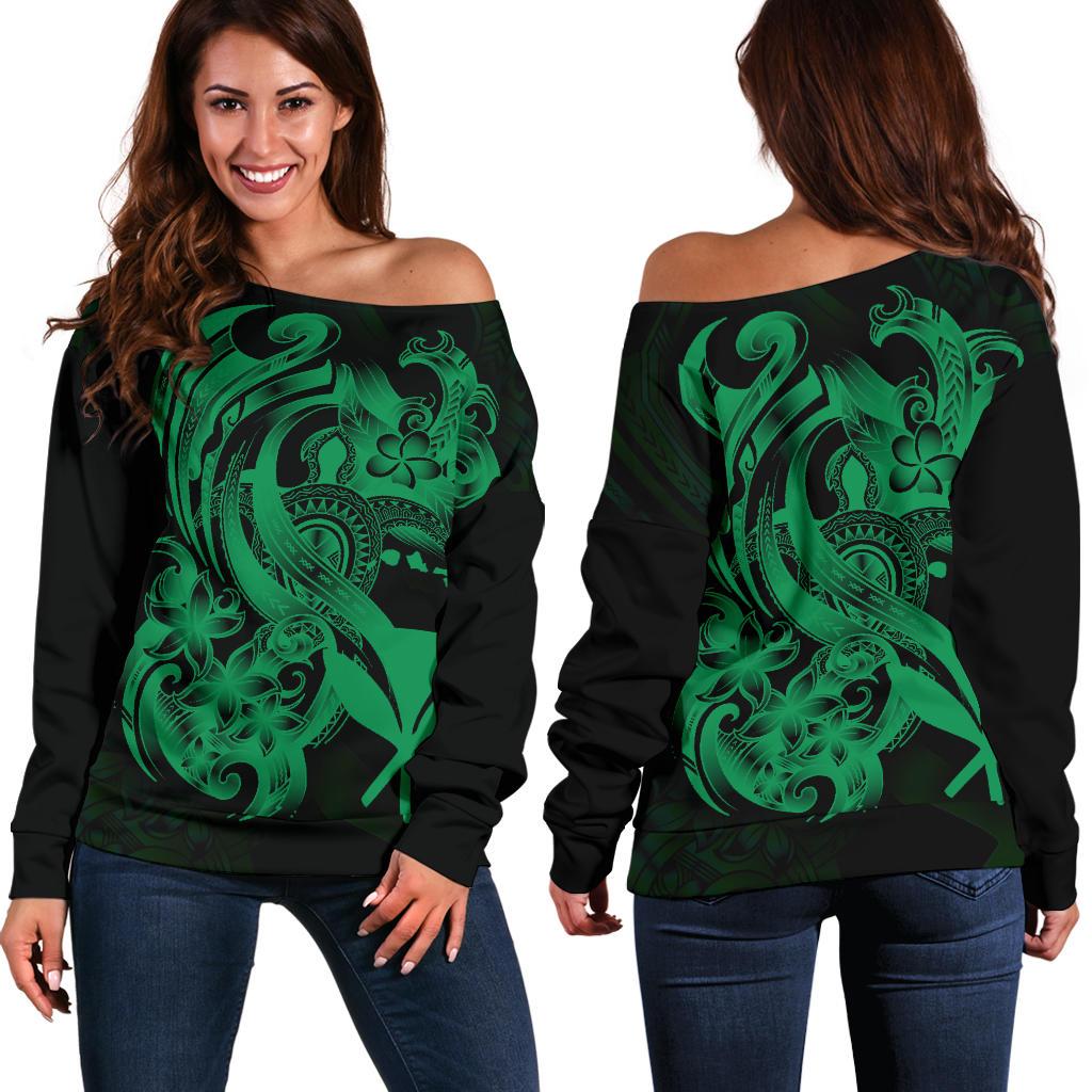 Polynesian Hawaii Women's Off Shoulder Sweater - Kanaka Maoli Green Turtle Green - Polynesian Pride