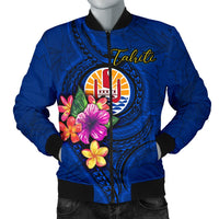 Tahiti Polynesian Men's Bomber Jacket - Floral With Seal Blue Blue - Polynesian Pride