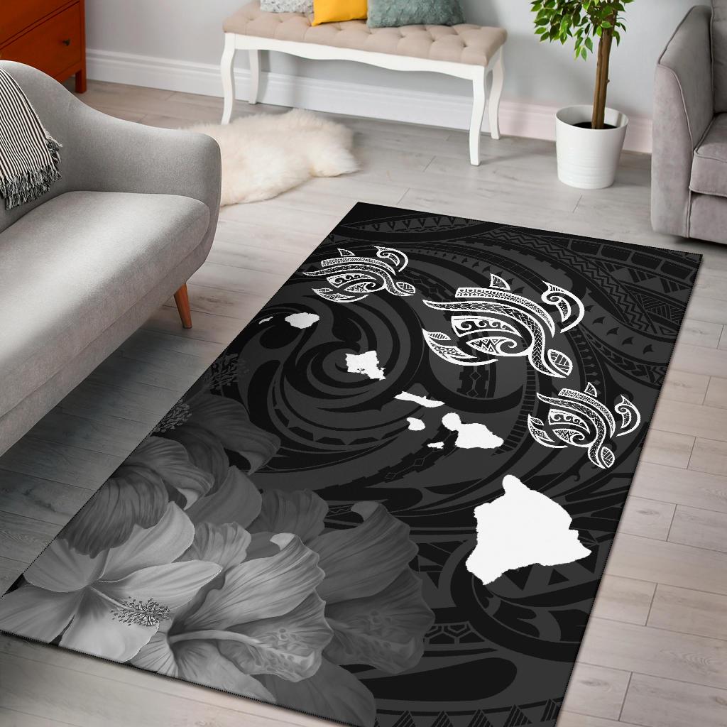 Hawaii Turtle Hibiscus Map Polynesian Area Rug AH Rug White - Polynesian Pride