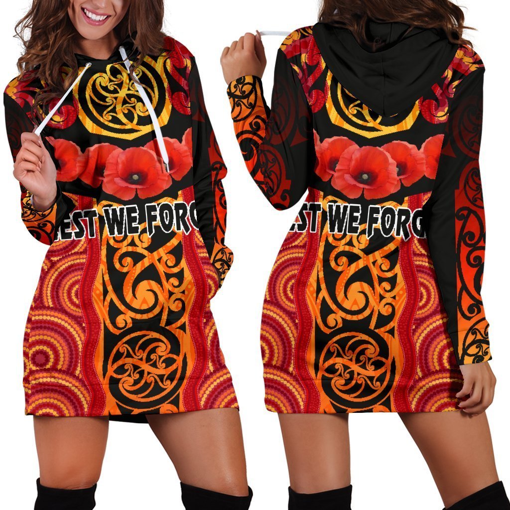 Anzac Lest We Forget Poppy Women Hoodie Dress New Zealand Maori Silver Fern - Australia Aboriginal Red - Polynesian Pride