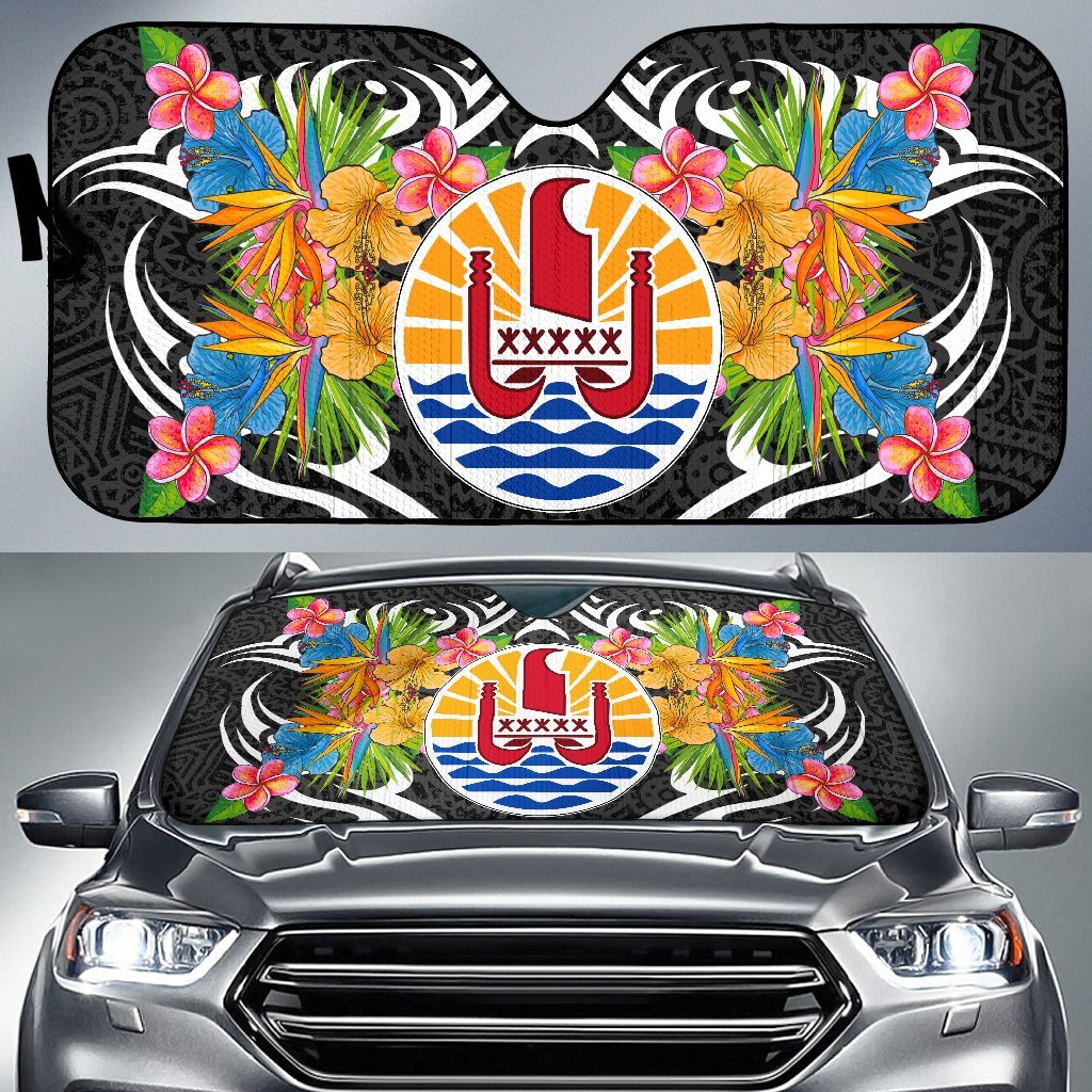 Tahiti Auto Sun Shades - Coat Of Arms With Tropical Flowers Auto Sun Shade - Tahiti Universal Fit Black - Polynesian Pride