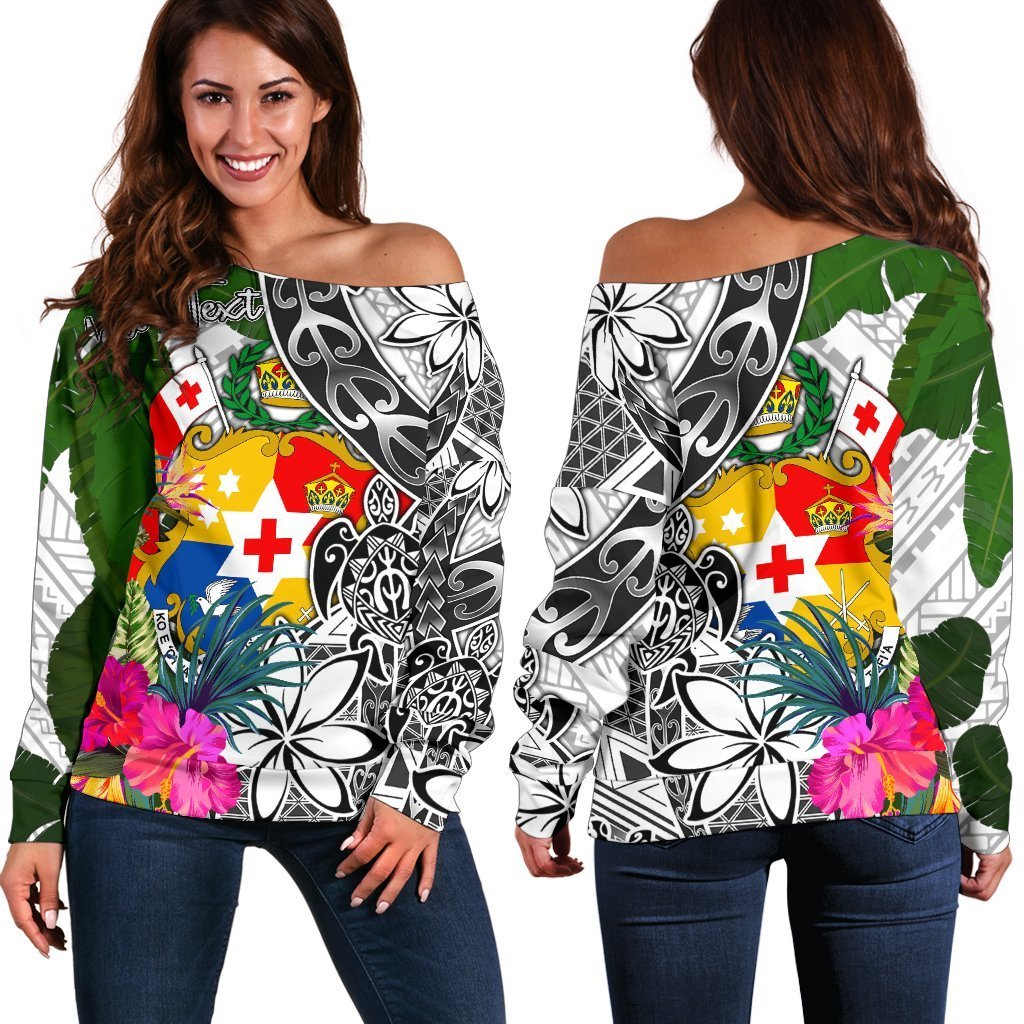 Tonga Custom Personalised Women's Off Shoulder Sweater White - Turtle Plumeria Banana Leaf White - Polynesian Pride