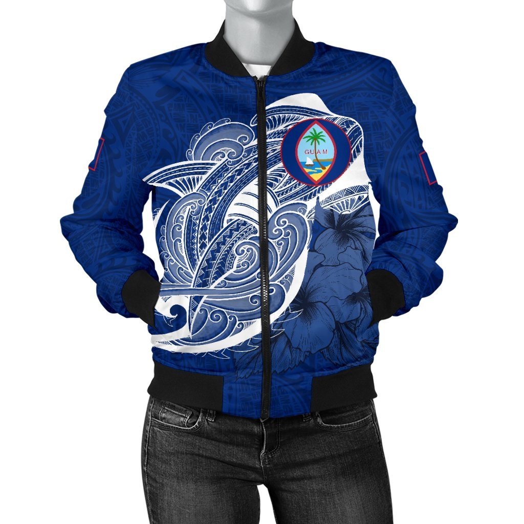 Guam Women's Bomber Jacket Shark Coat Of Arms Blue - Polynesian Pride