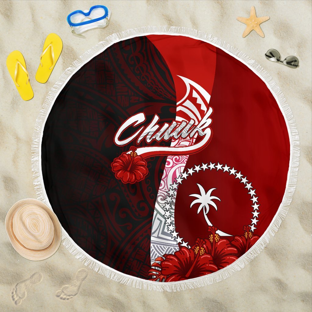 Chuuk Micronesia Beach Blanket - Coat Of Arm With Hibiscus Beach Blanket - Chuuk Micronesia Beach Blanket - Coat Of Arm With Hibiscus - BN12 One Size Red - Polynesian Pride