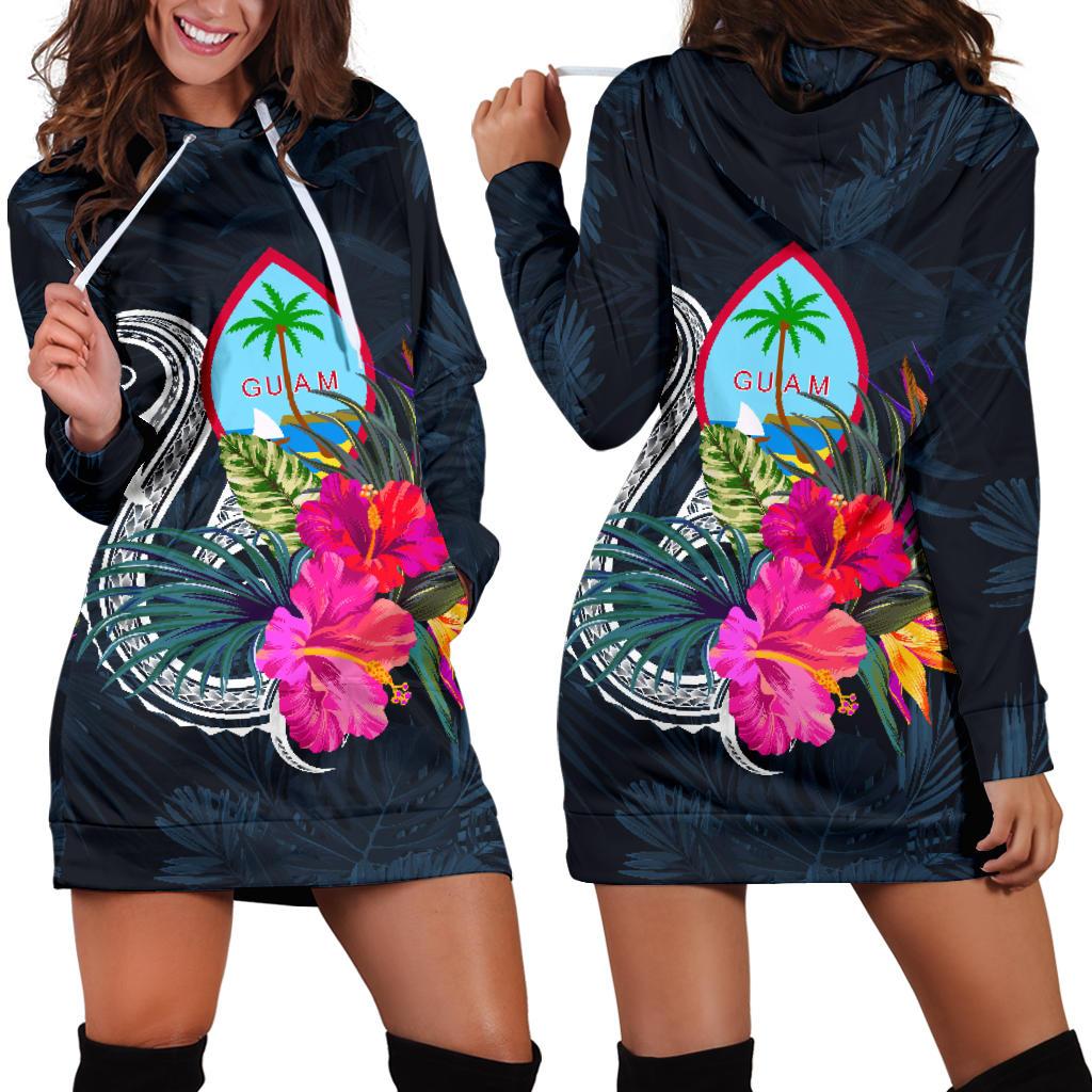 Guam Polynesian Women's Hoodie Dress - Tropical Flower Blue - Polynesian Pride