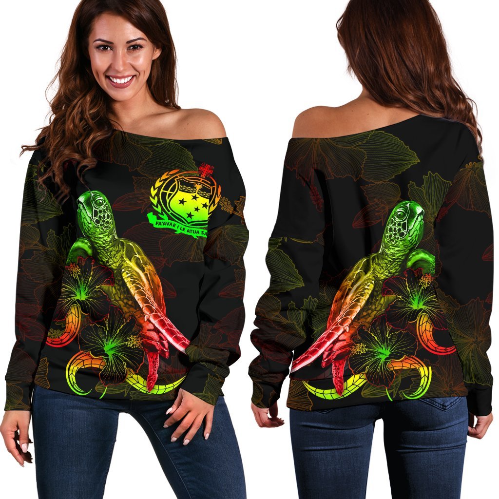 Samoa Polynesian Women's Off Shoulder Sweater - Turtle With Blooming Hibiscus Reggae Art - Polynesian Pride