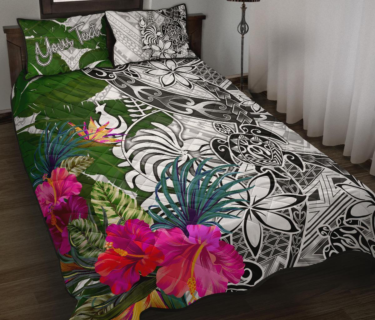 New Caledonia Custom Personalised Quilt Bet Set White - Turtle Plumeria Banana Leaf Crest White - Polynesian Pride