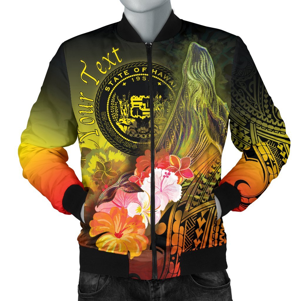 Polynesian Hawaii Custom Personalised Men's Bomber Jacket - Humpback Whale with Tropical Flowers (Yellow) Yellow - Polynesian Pride