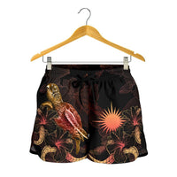 Marshall Islands Polynesian Women's Shorts - Turtle With Blooming Hibiscus Gold - Polynesian Pride