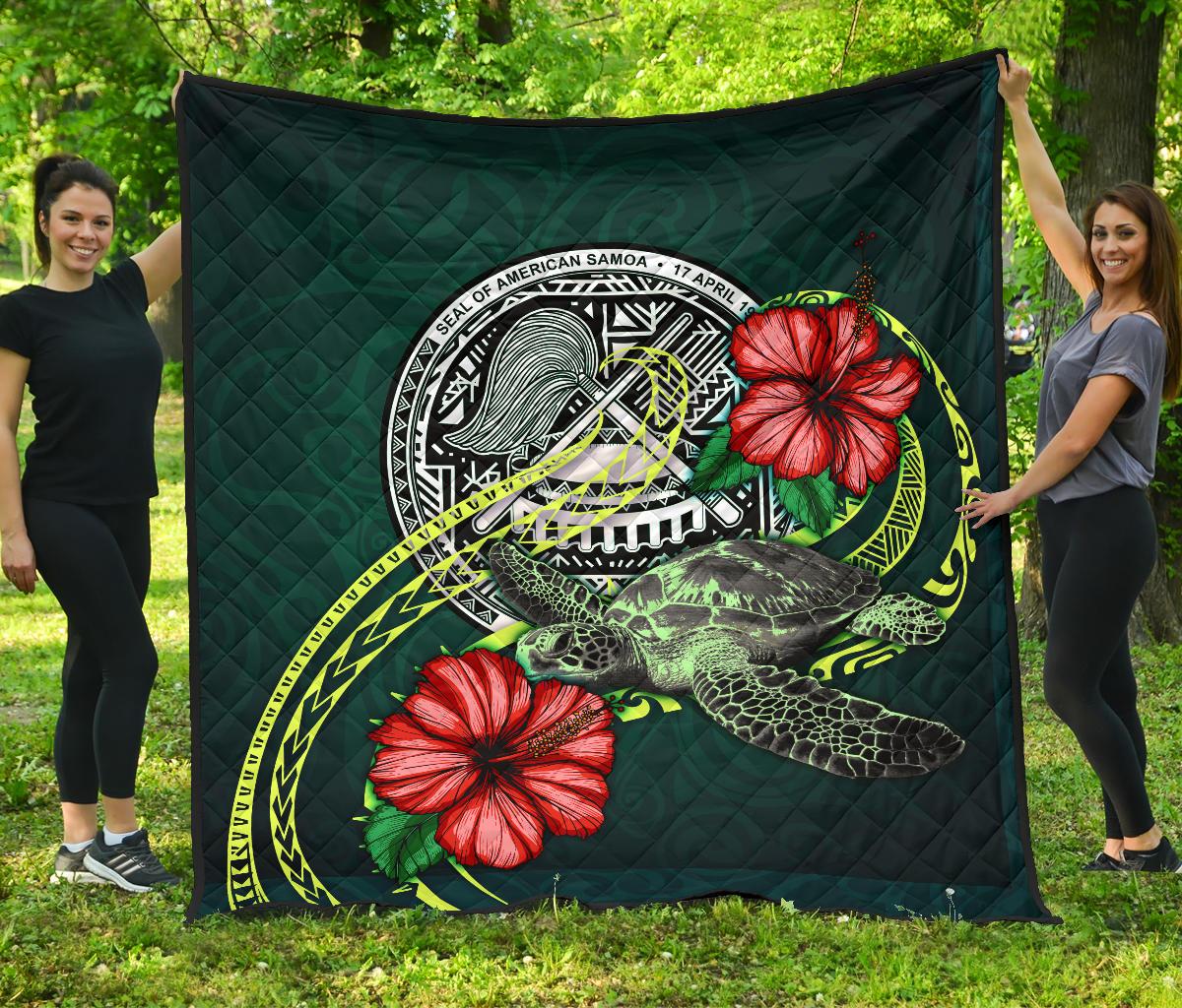 American Samoa Polynesian Premium Quilt - Green Turtle Hibiscus Green - Polynesian Pride