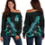 New Caledonia Polynesian Women's Off Shoulder Sweater - Turtle With Blooming Hibiscus Turquoise Turquoise - Polynesian Pride