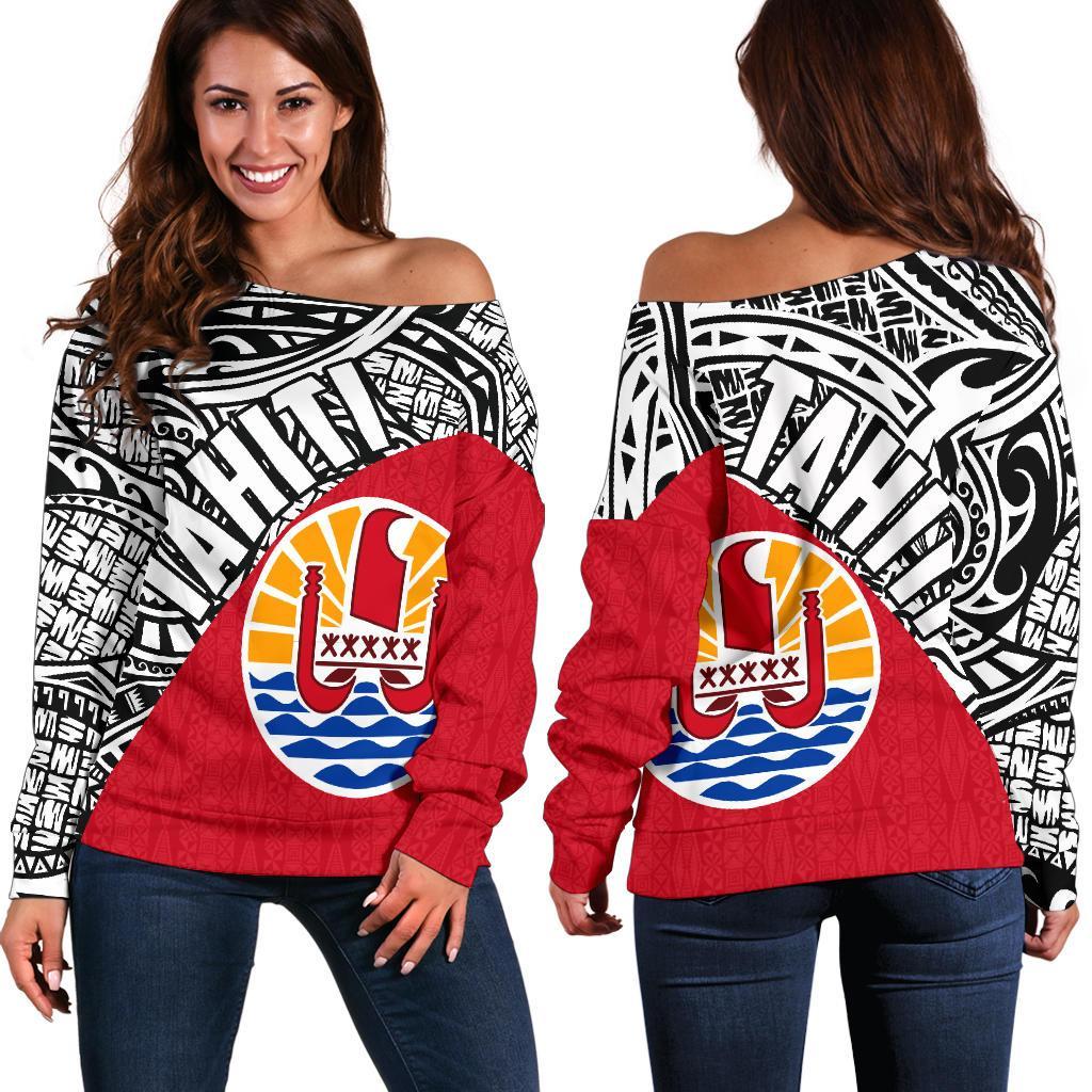 Tahiti Polynesian Women's Off Shoulder Sweater Coat Of Arms - Wave Style 02 Th5 Black - Polynesian Pride