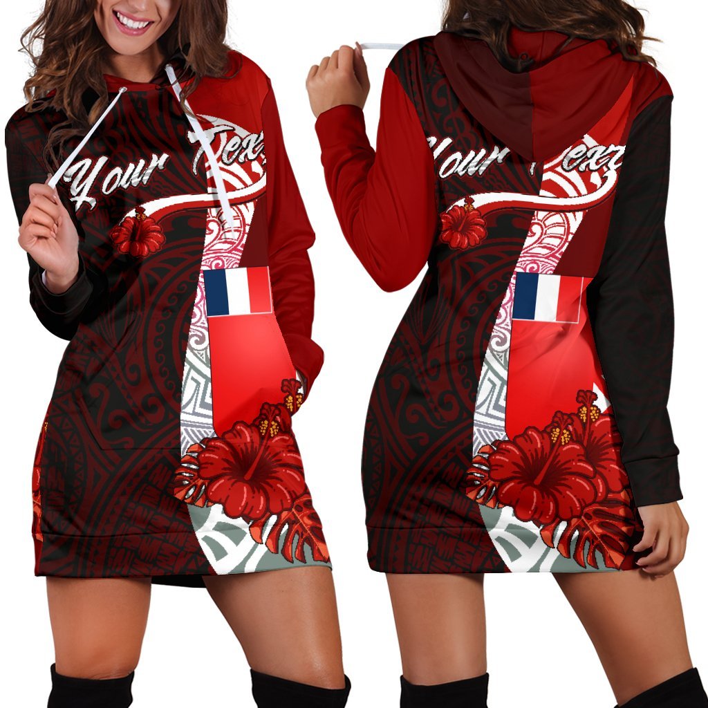 Wallis and Futuna Polynesian Custom Personalised Hoodie Dress - Coat Of Arm With Hibiscus Red - Polynesian Pride