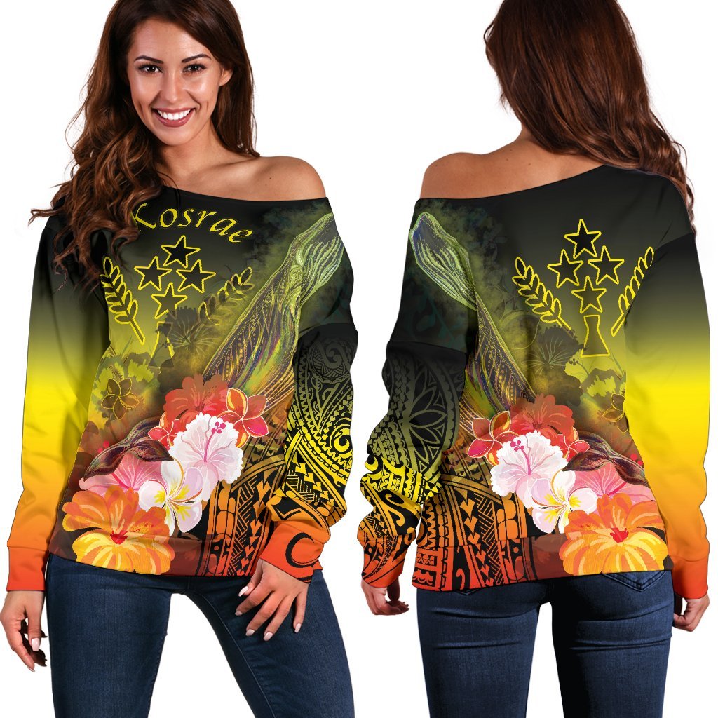 Kosrae Women's Off Shoulder Sweater - Humpback Whale with Tropical Flowers (Yellow) Yellow - Polynesian Pride