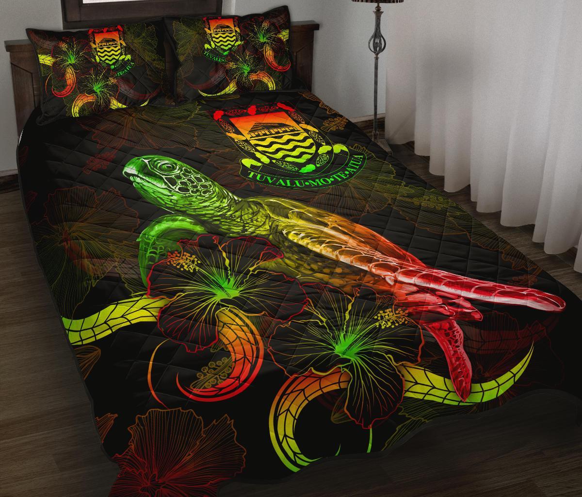 Tuvalu Polynesian Quilt Bed Set - Turtle With Blooming Hibiscus Reggae Art - Polynesian Pride