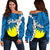 Palau Polynesian Women's Off Shoulder Sweater - Tribal Wave Tattoo Flag Style Blue - Polynesian Pride