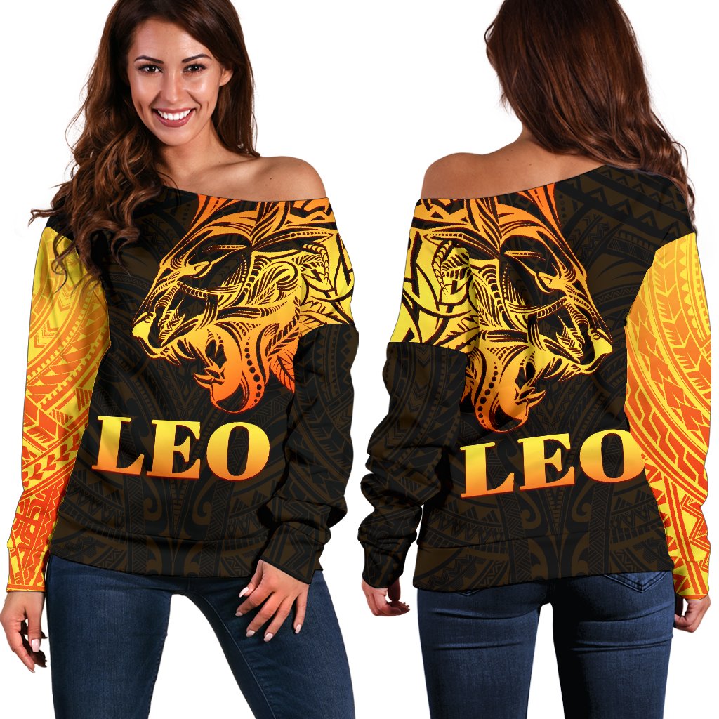 Sun In Leo Zodiac Women Off Shoulder Sweater Polynesian Tattoo Simple - Orange Black Orange - Polynesian Pride