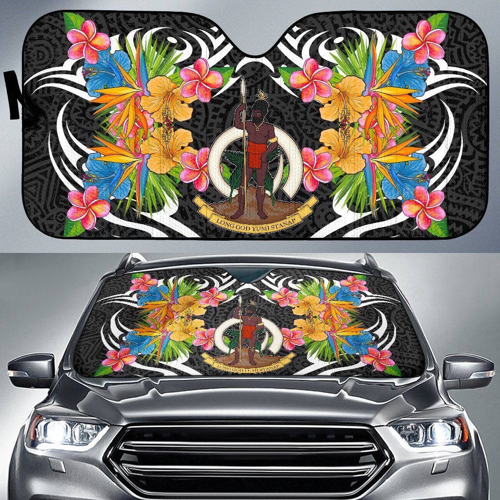 Vanuatu Auto Sun Shades - Coat Of Arms With Tropical Flowers Auto Sun Shade - Vanuatu Universal Fit Black - Polynesian Pride