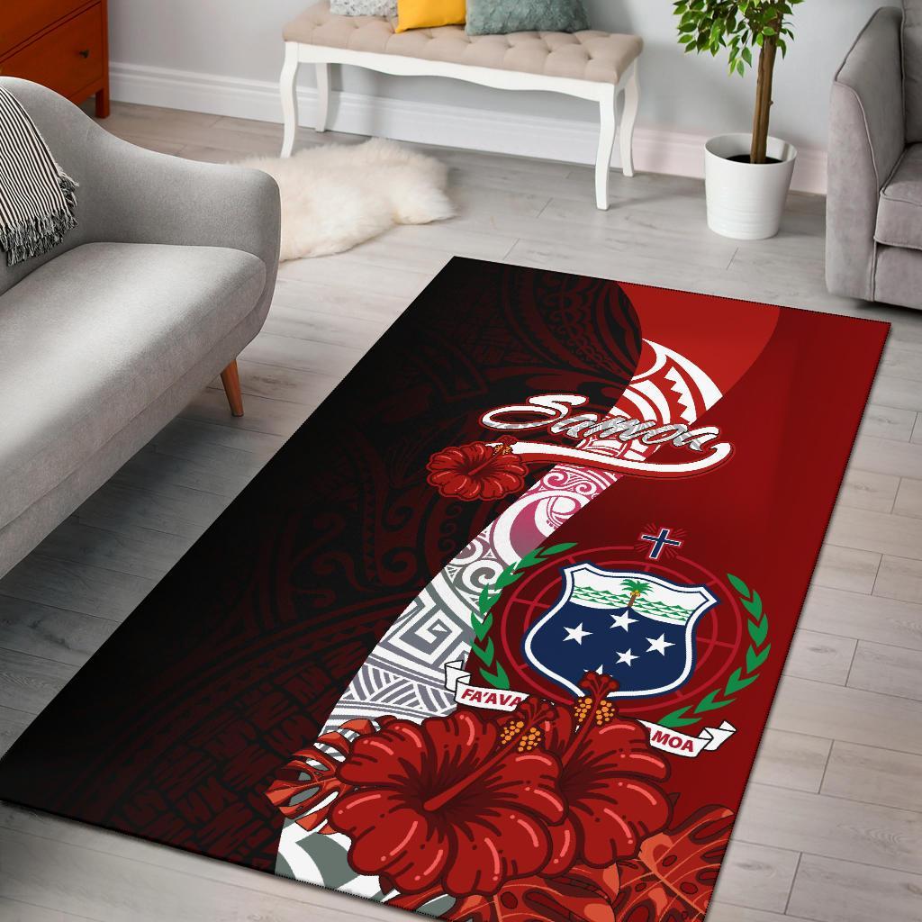 Samoa Polynesian Area Rug - Coat Of Arm With Hibiscus Red - Polynesian Pride