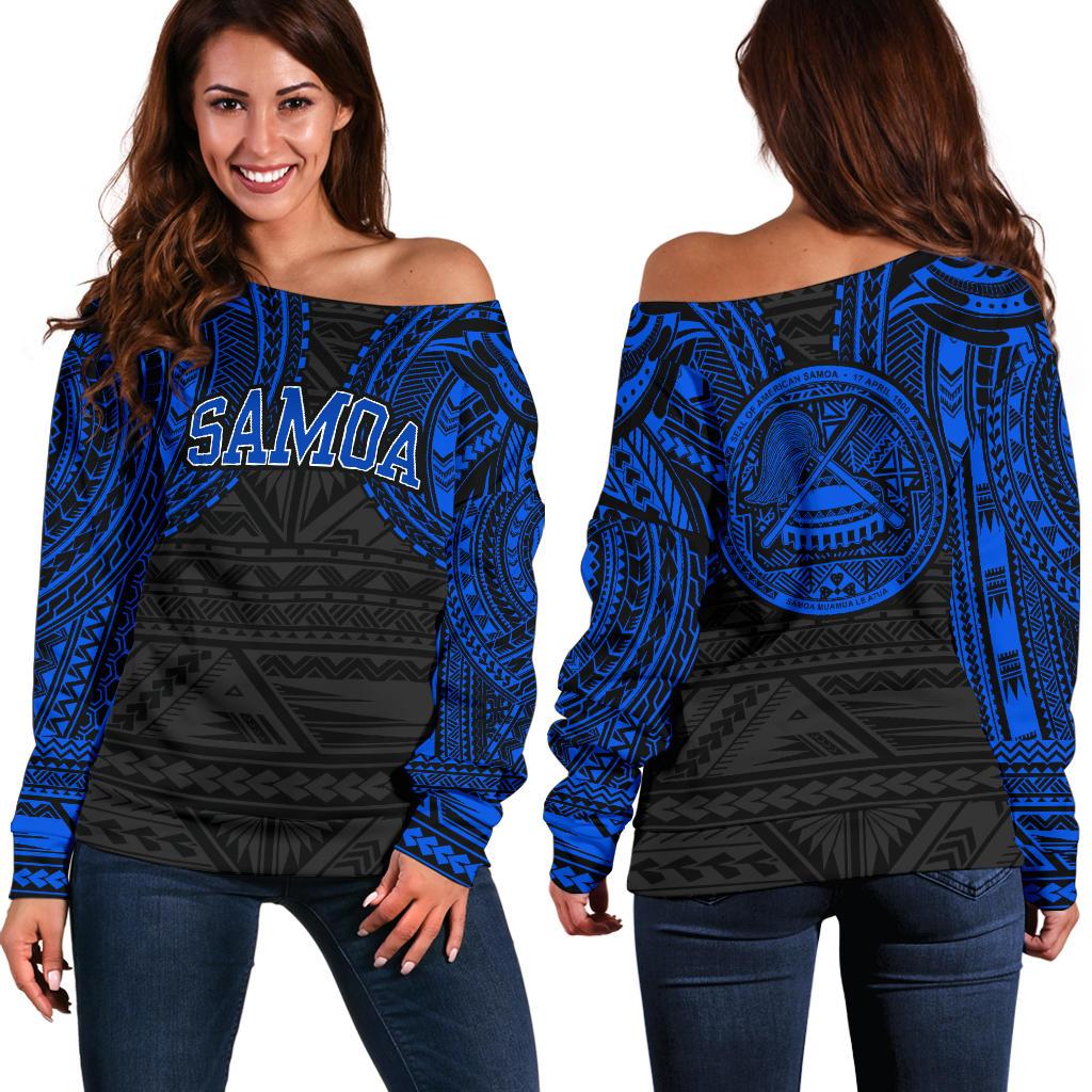 American Samoa Women's Off Shoulder Sweater - Blue Tattoo Version Blue - Polynesian Pride