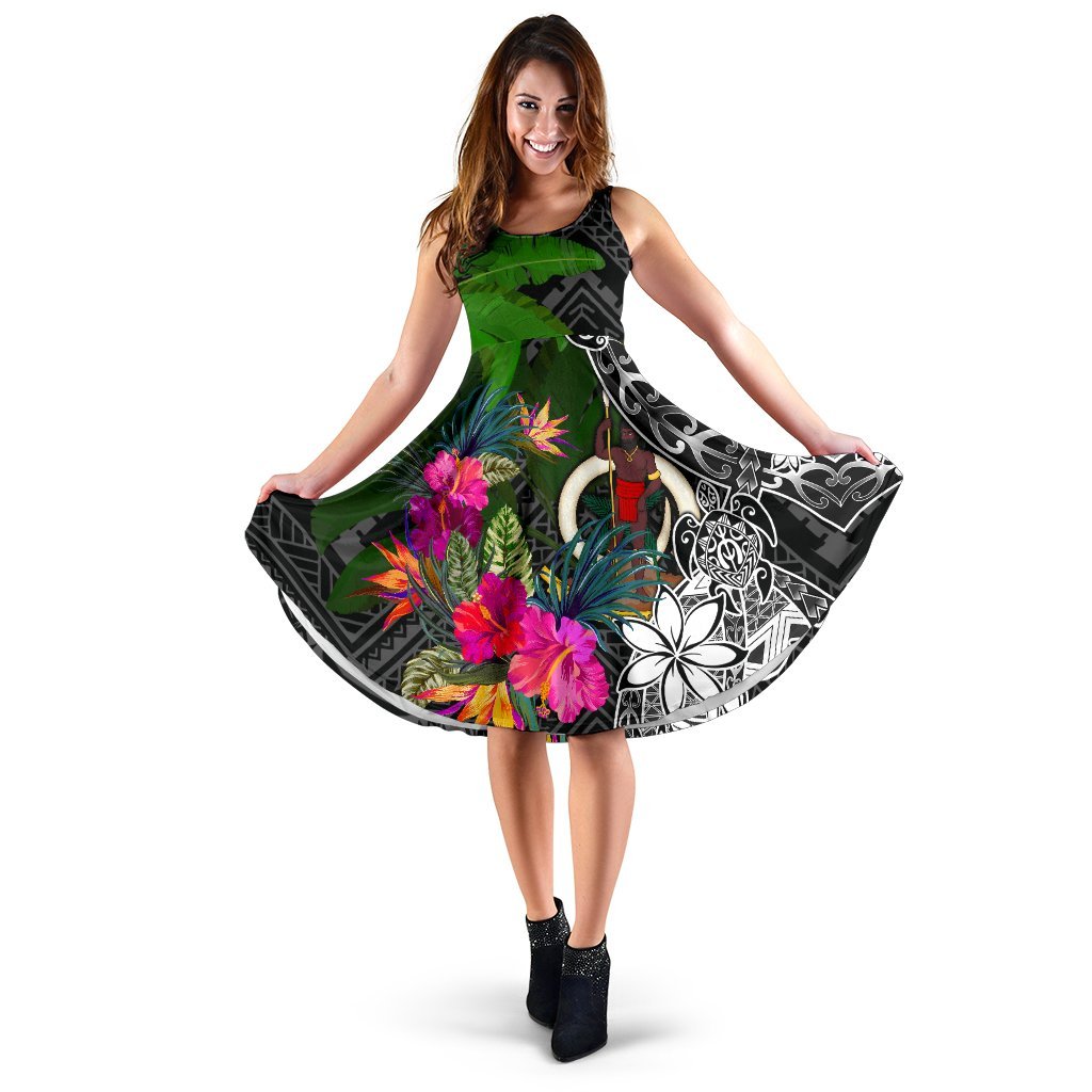 Vanuatu Midi Dress - Turtle Plumeria Banana Leaf Women Black - Polynesian Pride