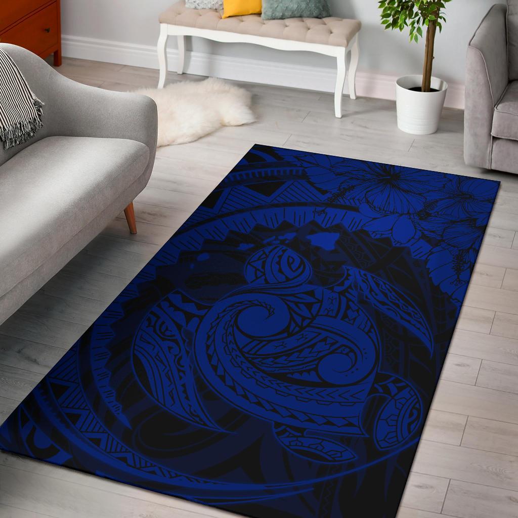 Hawaiian Map Kanaka Honu Hibiscus Globular Polynesian Area Rug AH Rug Blue - Polynesian Pride