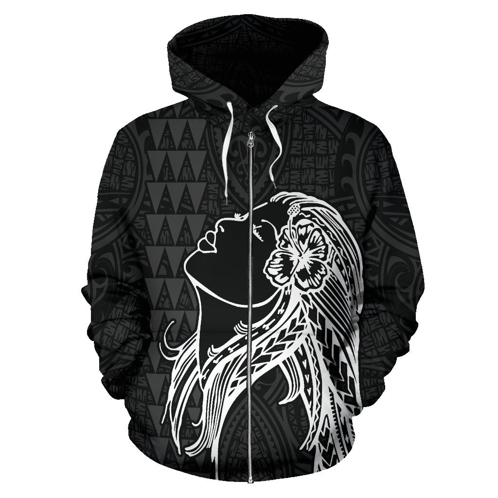 Polynesian Kakau Hula Girl Turtle Hibiscus Hawaii Zip Hoodie White - Polynesian Pride