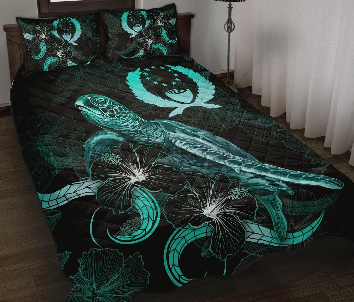 Pohnpei Polynesian Quilt Bed Set - Turtle With Blooming Hibiscus Turquoise Turquoise - Polynesian Pride