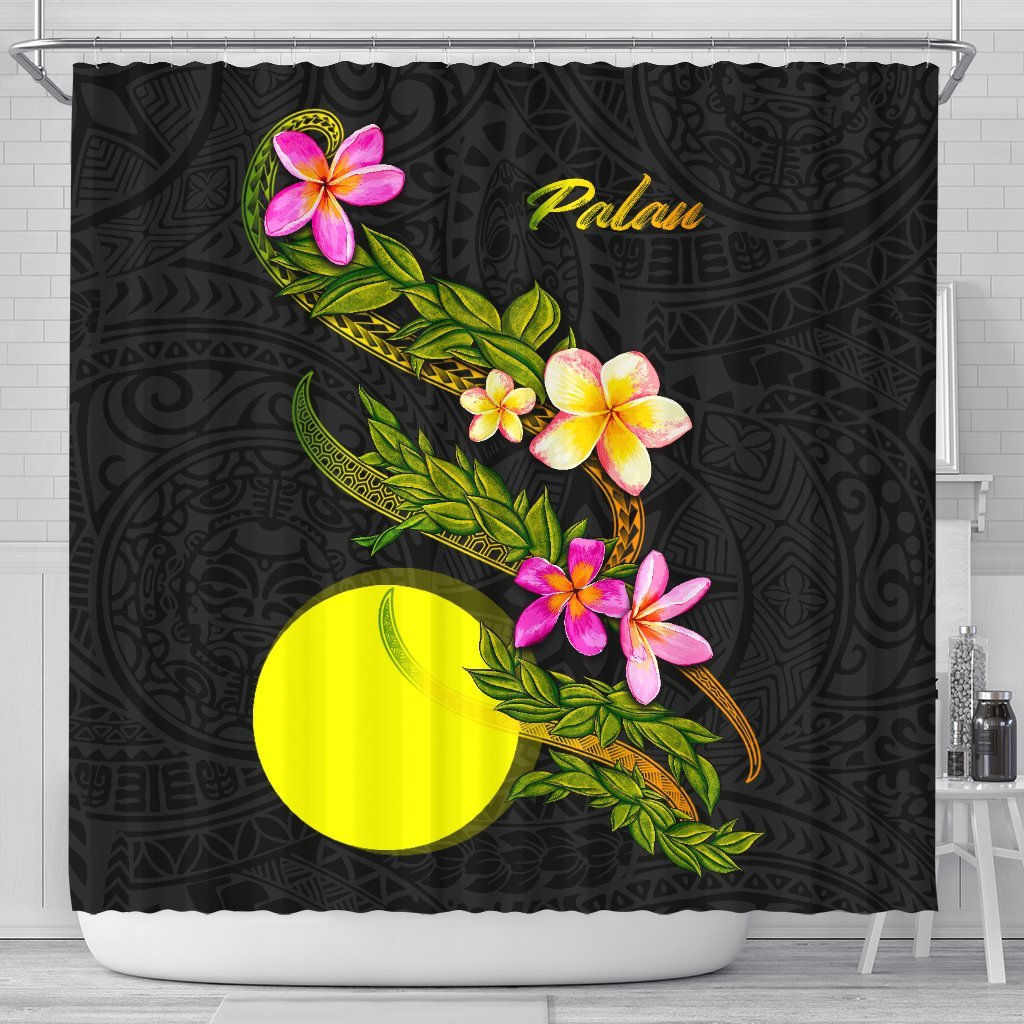 Palau Polynesian Shower Curtain - Plumeria Tribal 177 x 172 (cm) Black - Polynesian Pride