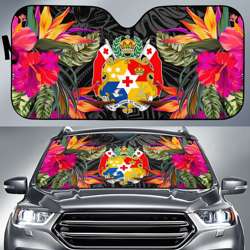 Tonga Auto Sun Shades - Hibiscus Pattern Auto Sun Shade Universal Fit Black - Polynesian Pride