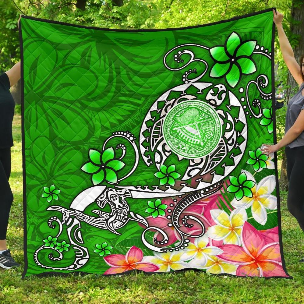 American Samoa Polynesian Premium Quilt - Turtle Plumeria (Green) Green - Polynesian Pride