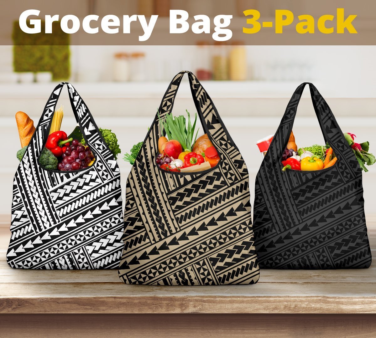 Polynesian Maori Tribal Grocery Bag 3 - Pack Grocery Bag 3-Pack Black - Polynesian Pride