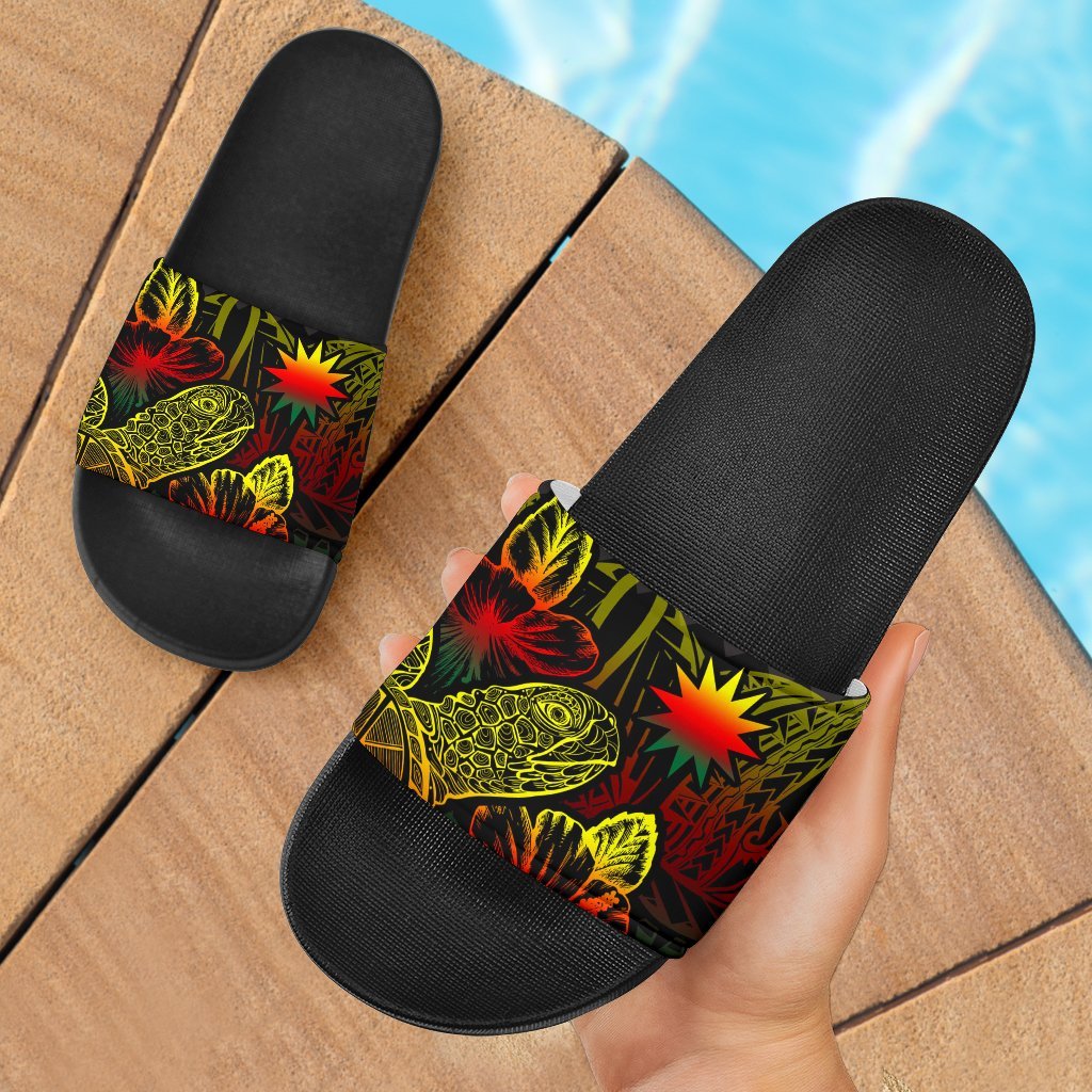 Nauru Slide Sandals - Turtle Hibiscus Pattern Reggae Black - Polynesian Pride