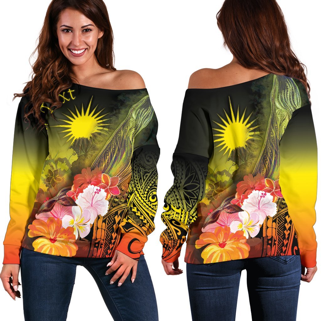 Marshall Islands Custom Personalised Women's Off Shoulder Sweater - Humpback Whale with Tropical Flowers (Yellow) Yellow - Polynesian Pride