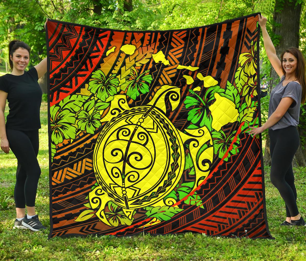 Hawaii Polynesian Premium Quilt - Hawaii Yellow Turtles Map & Green Hibiscus Red - Polynesian Pride