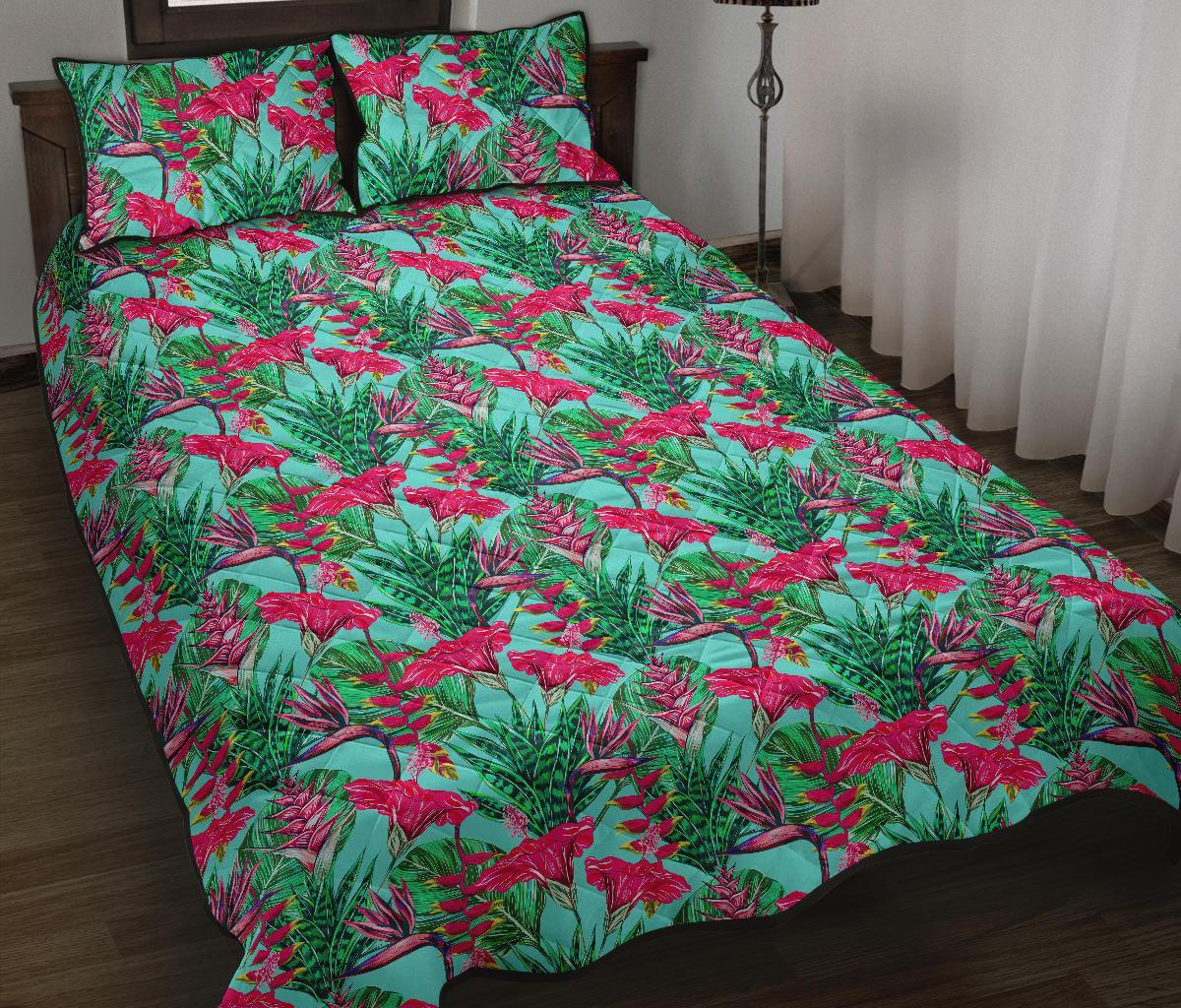 Hawaii Quilt Bed Set Tropical Strelitzia Blue AH Black - Polynesian Pride