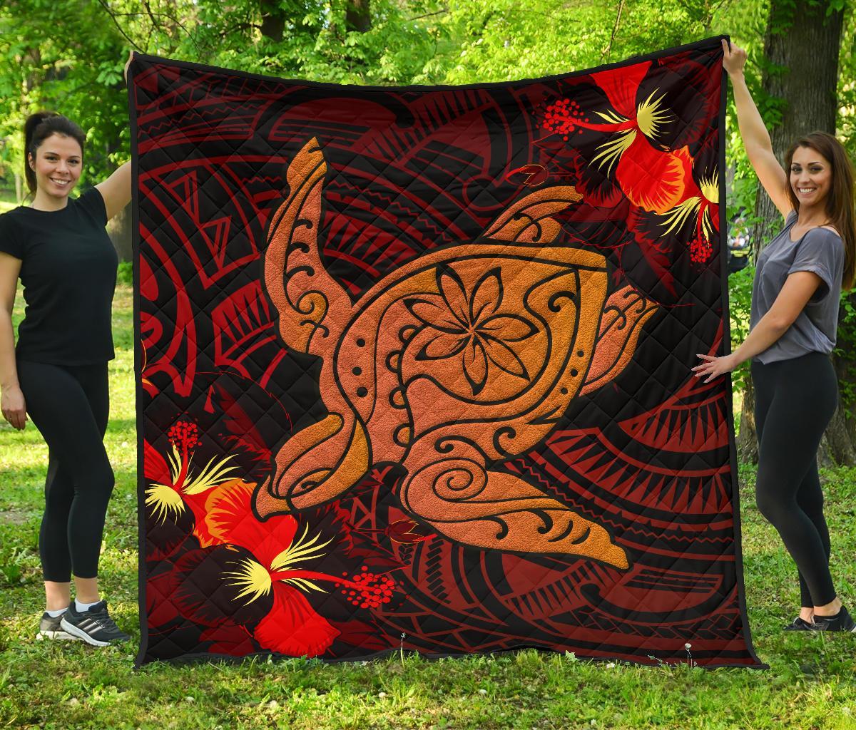 Hawaii Hibiscus Polynesian Red Big Turtle Premium Quilt - Polynesian Pride