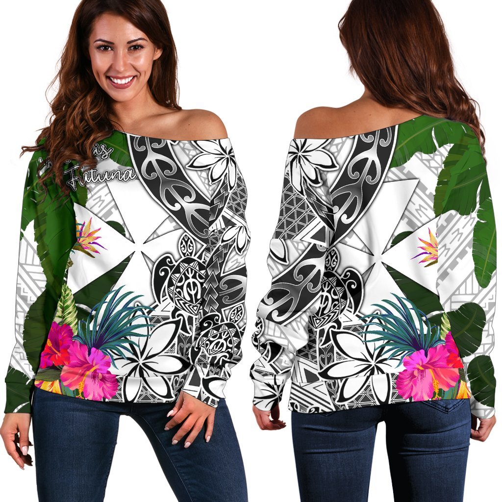 Wallis And Futuna Women's Off Shoulder Sweater White - Turtle Plumeria Banana Leaf White - Polynesian Pride