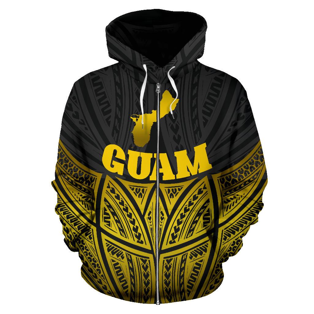 Guam Polynesian Zip up Hoodie Gold Pride Map and Seal - Polynesian Pride
