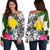 Papua New Guinea Women's Off Shoulder Sweater White - Turtle Plumeria Banana Leaf White - Polynesian Pride