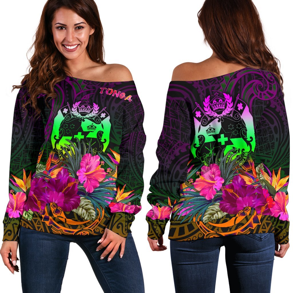 Tonga Polynesian Women's Off Shoulder Sweater - Summer Hibiscus Art - Polynesian Pride