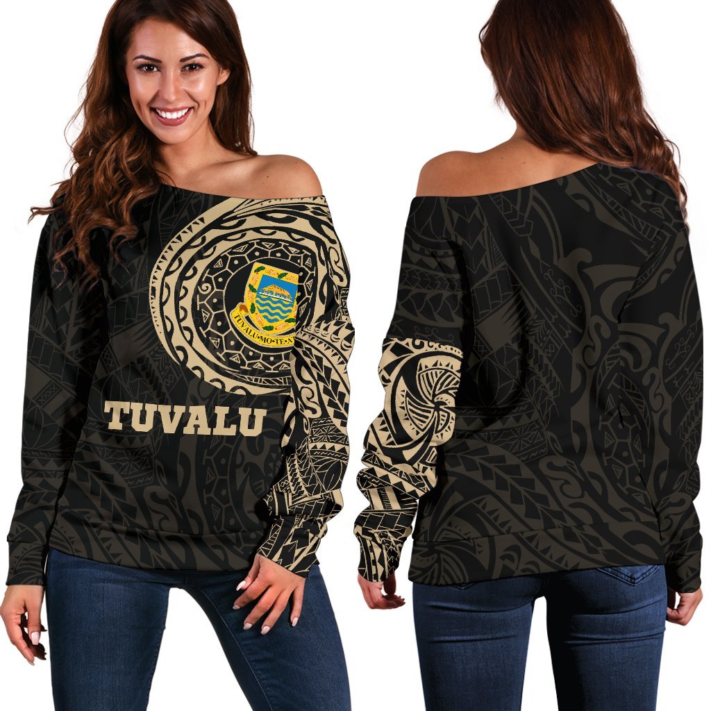 Tuvalu Polynesian Tattoo Style Off Shoulder Sweater A7 Black - Polynesian Pride