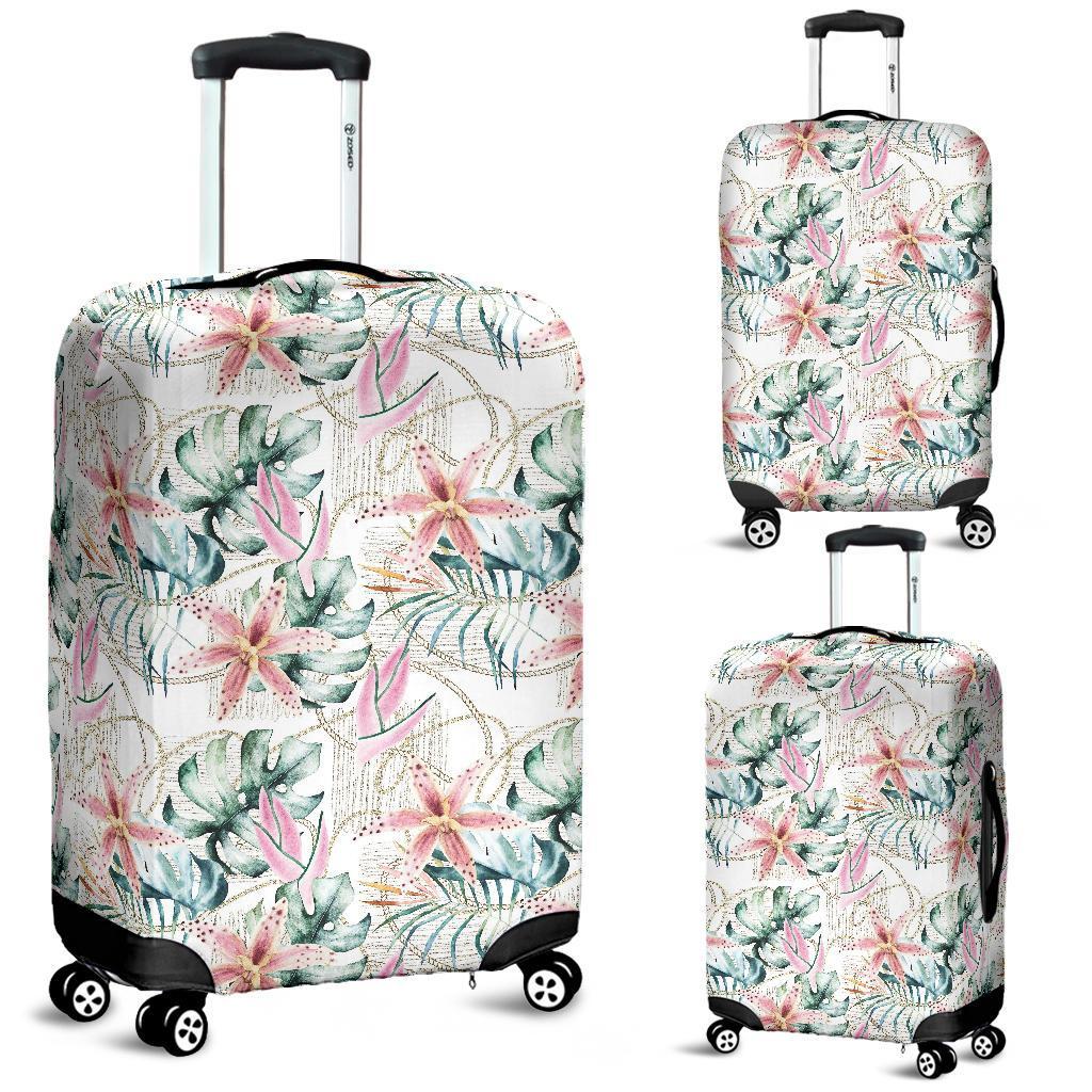 Tropical Pattern With Orchids, Leaves And Gold Chains Luggage Cover White - Polynesian Pride