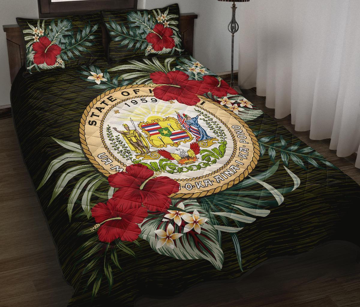 Hawaii Polynesian Quilt Bed Set - Special Hibiscus Black - Polynesian Pride